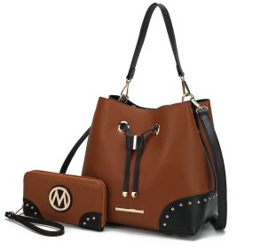 MKF Collection Candice Color Block Bucket Handbag with matching Wallet by Mia K (Color: Cognac-Black, Material: Vegan Leather)