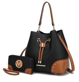 MKF Collection Candice Color Block Bucket Handbag with matching Wallet by Mia K (Color: Black-Cognac, Material: Vegan Leather)