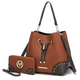 MKF Collection Candice Color Block Bucket Handbag with matching Wallet by Mia K (Color: Cognac-Coffee, Material: Vegan Leather)