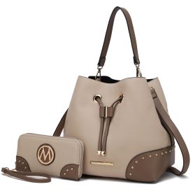 MKF Collection Candice Color Block Bucket Handbag with matching Wallet by Mia K (Color: Beige-Taupe, Material: Vegan Leather)