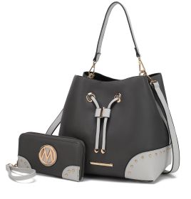 MKF Collection Candice Color Block Bucket Handbag with matching Wallet by Mia K (Color: Charcoal-Light Gray, Material: Vegan Leather)