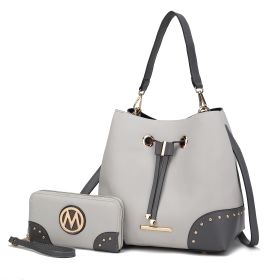 MKF Collection Candice Color Block Bucket Handbag with matching Wallet by Mia K (Color: Light Gray-Charcoal, Material: Vegan Leather)