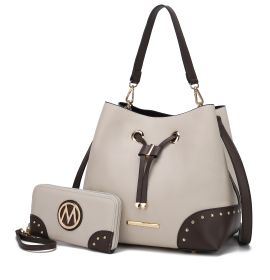 MKF Collection Candice Color Block Bucket Handbag with matching Wallet by Mia K (Color: Beige-Coffee, Material: Vegan Leather)