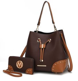 MKF Collection Candice Color Block Bucket Handbag with matching Wallet by Mia K (Color: Coffee-Cognac, Material: Vegan Leather)
