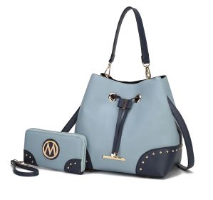 MKF Collection Candice Color Block Bucket Handbag with matching Wallet by Mia K (Color: Denim-Navy, Material: Vegan Leather)