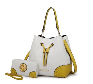 MKF Collection Candice Color Block Bucket Handbag with matching Wallet by Mia K (Color: White-Yellow, Material: Vegan Leather)